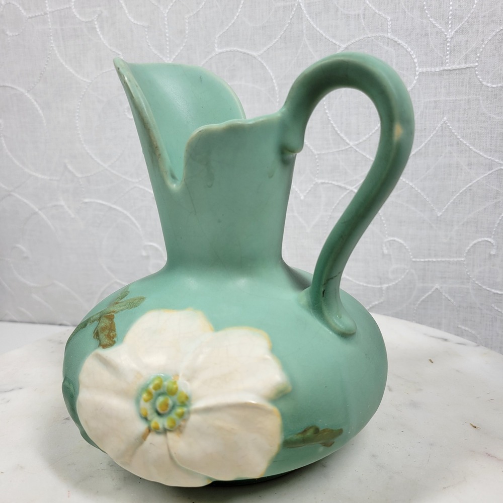 Vintage 1930s Weller Pottery Dogwood Pitcher Vase Aqua Blue Floral Art Deco - Picture 10 of 16
